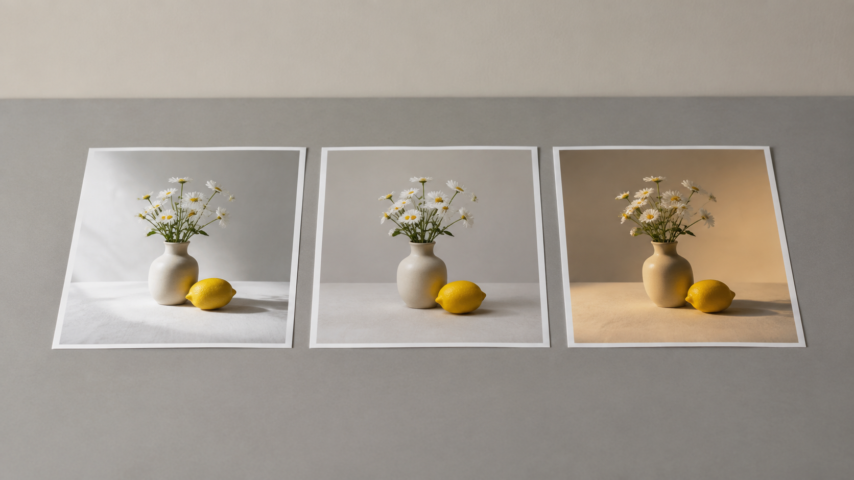 A single plain unbranded photographic print propped upright on a light wooden desk beside a folded grey cloth