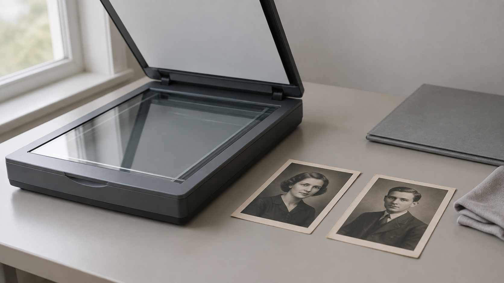 A flatbed scanner lying open on a tidy desk with two unbranded black-and-white portrait prints resting face up beside it, a plain grey folder and a soft cloth nearby, even daylight from the left