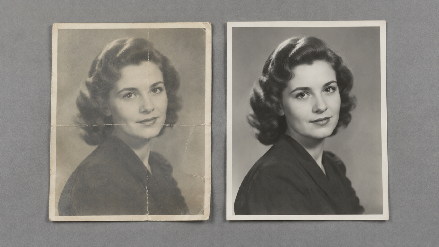 Two plain paper prints of the same unbranded studio portrait lying side by side on a neutral grey desk under even light, the left print visibly faded and creased, the right print clean and intact, identical framing