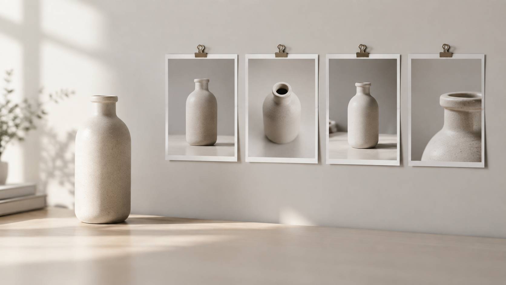 An orderly desk with an unbranded ceramic bottle photographed on a seamless surface, one flat image and several printouts of the same bottle pinned in a row, soft daylight