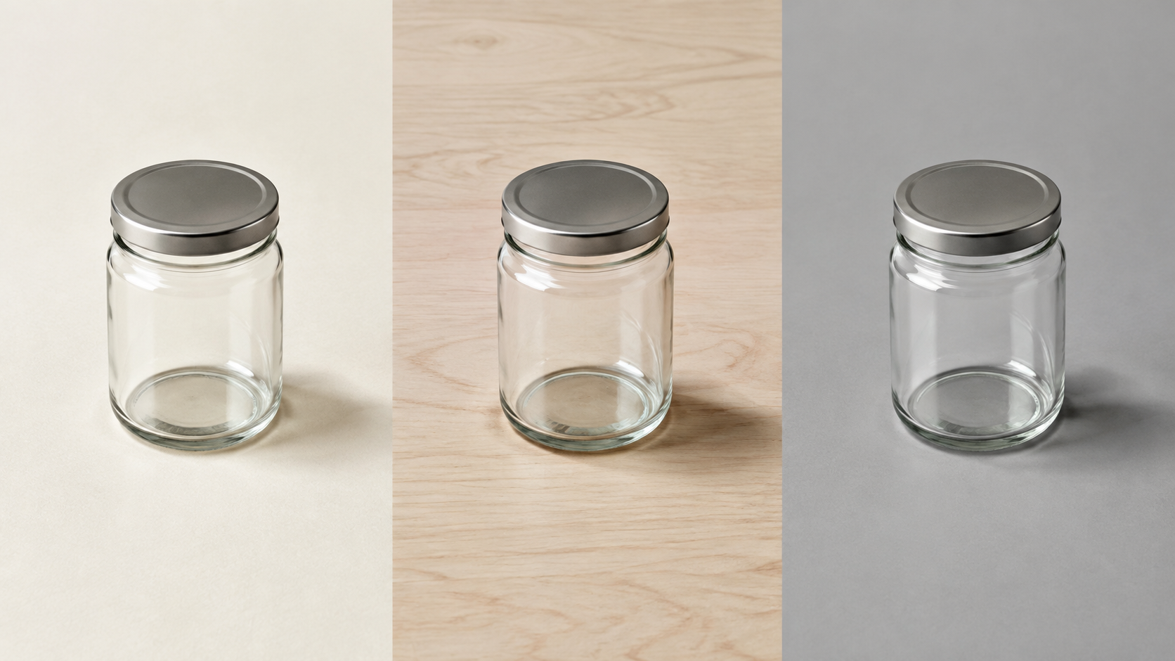 A flat editorial still life showing one unbranded jar photographed on three different surfaces side by side, cream paper, pale wood and soft grey studio sweep, with consistent shadow direction