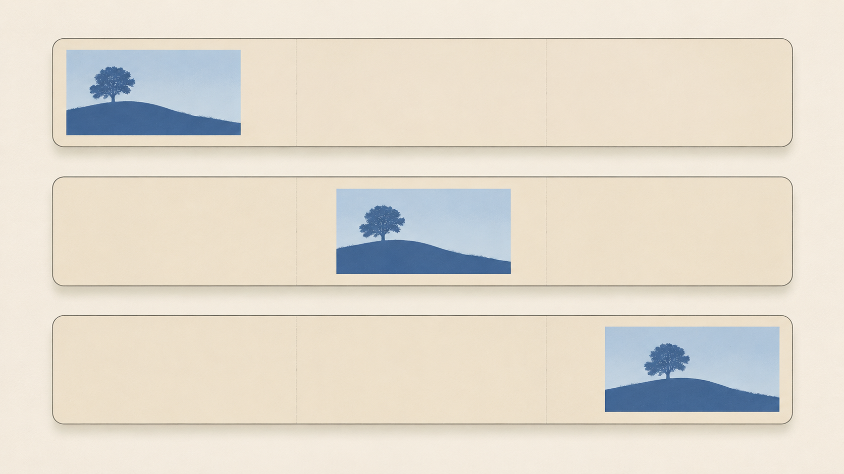 Stilisiertes Diagramm eines Querformatfotos, das links, in der Mitte und rechts auf einer breiten Leinwand platziert ist, wobei jede Version ihren leeren Raum auf einer anderen Seite lässt