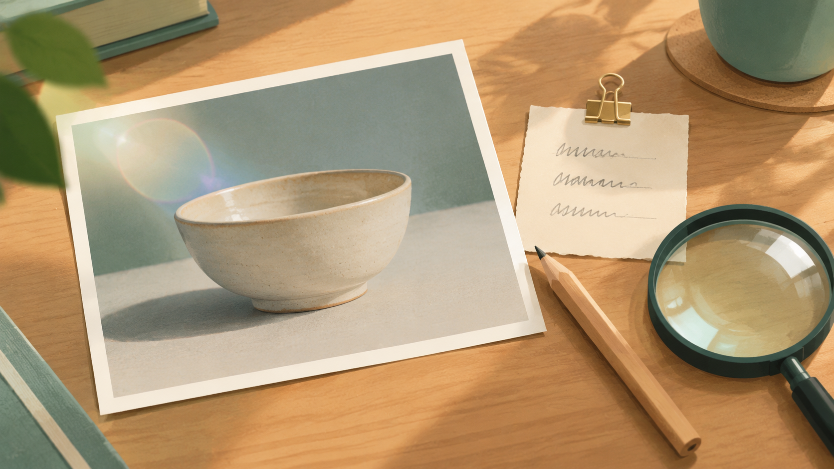 Eine redaktionelle Illustration eines Fotoabzugs einer Keramikschale mit einer festgeklammerten Notiz mit unleserlicher Handschrift, einem Bleistift und einer Lupe daneben