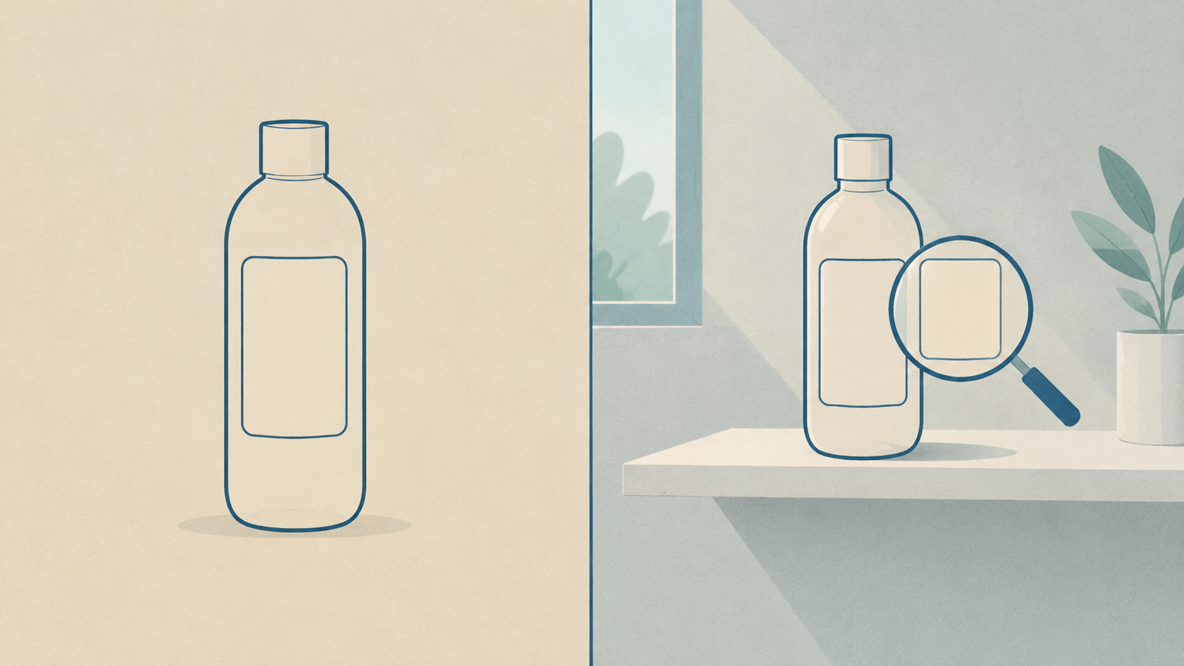 Een productsilhouet naast hetzelfde product in een kamerscène, met een vergrootglas boven het etiket