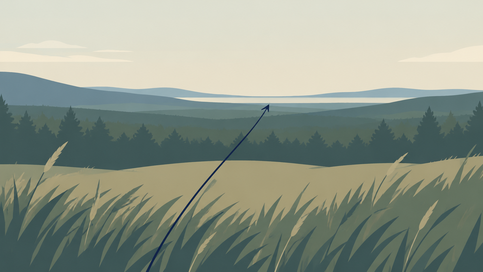 Stylized illustration of a landscape separated into receding depth layers, with a thin arrow showing a slow forward drift