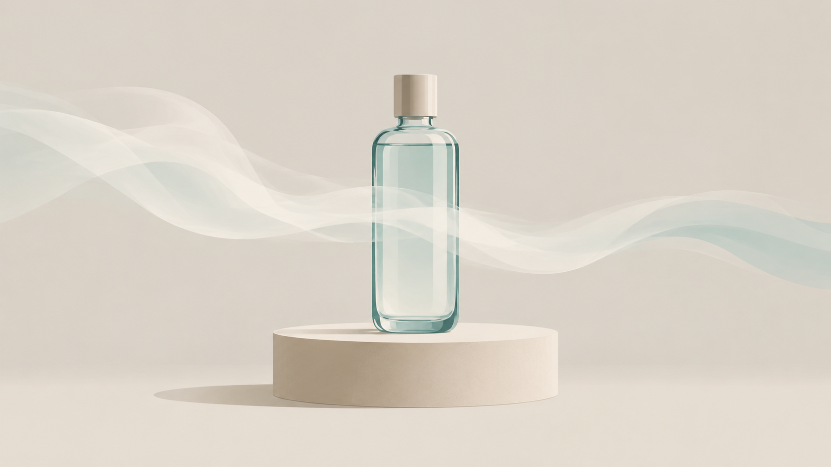 Stylized illustration of a still bottle on a low plinth with a ribbon of mist drifting past it