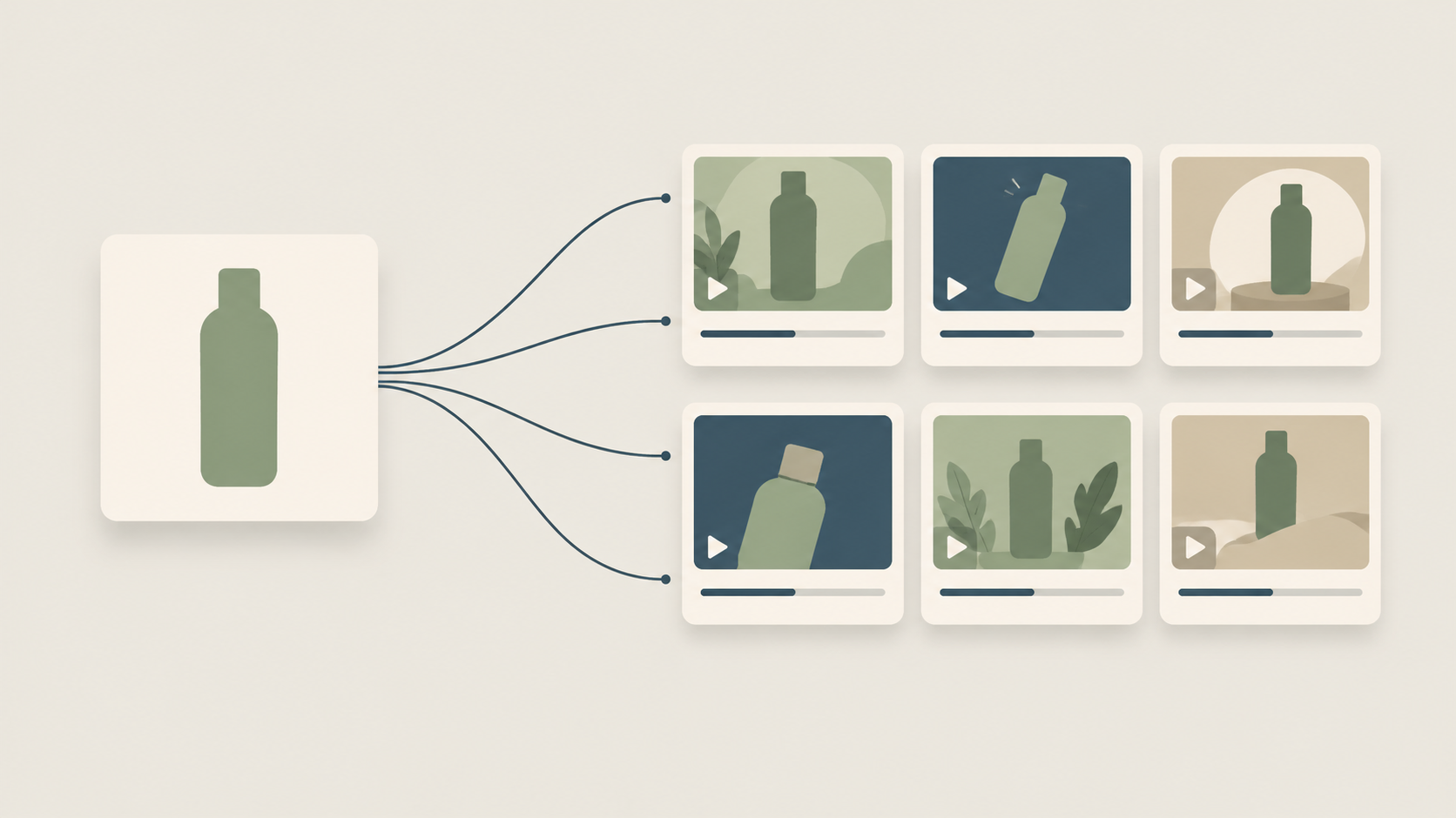 Stylized illustration of one product photo on the left branching into six small clip cards on the right